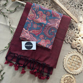 Marun Handloom Khadi Cotton Saree With Rama Mango Print Blouse